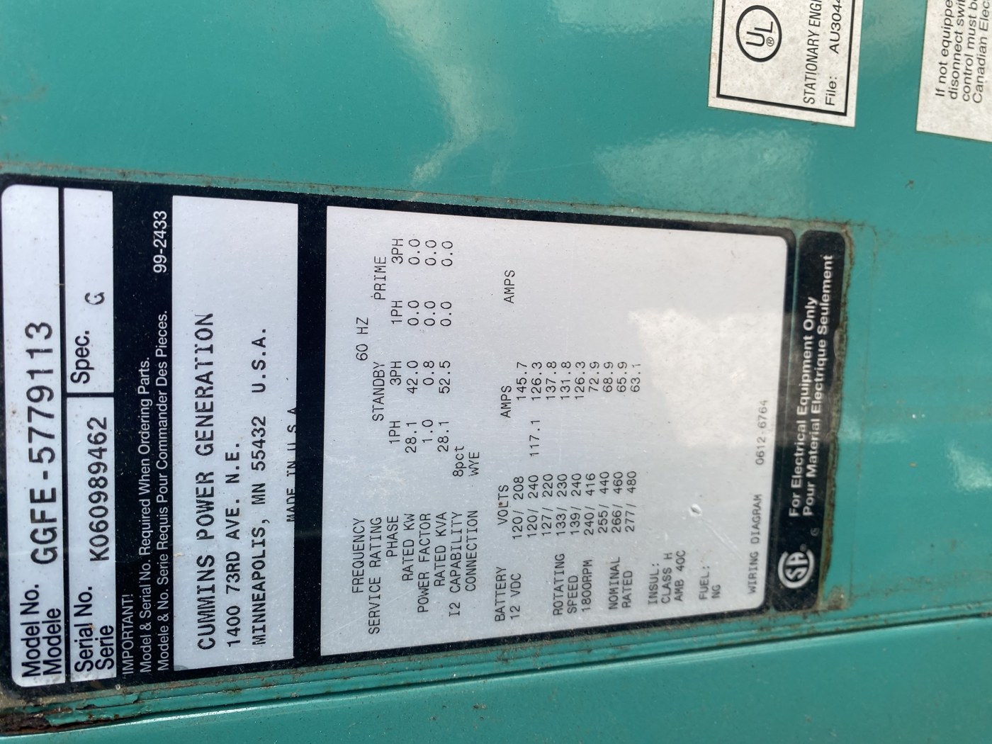 Cummins 42 kW Natural Gas Generator - 3 Phase, 580 Hours